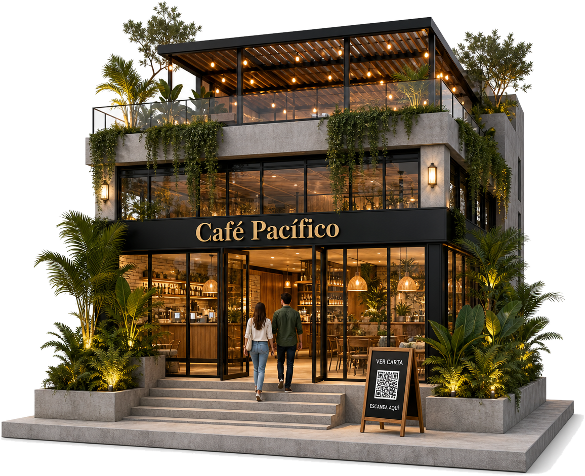 Maqueta ilustrativa de un negocio llamado Café Pacífico